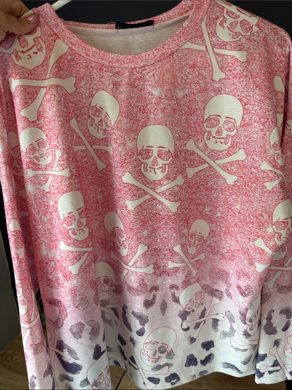 L Halloween Pink Skull Print Long Sleeve Top